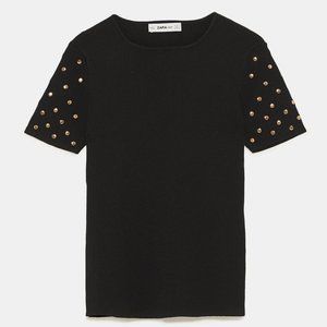Zara Black Ribbed Top with Gold Studs